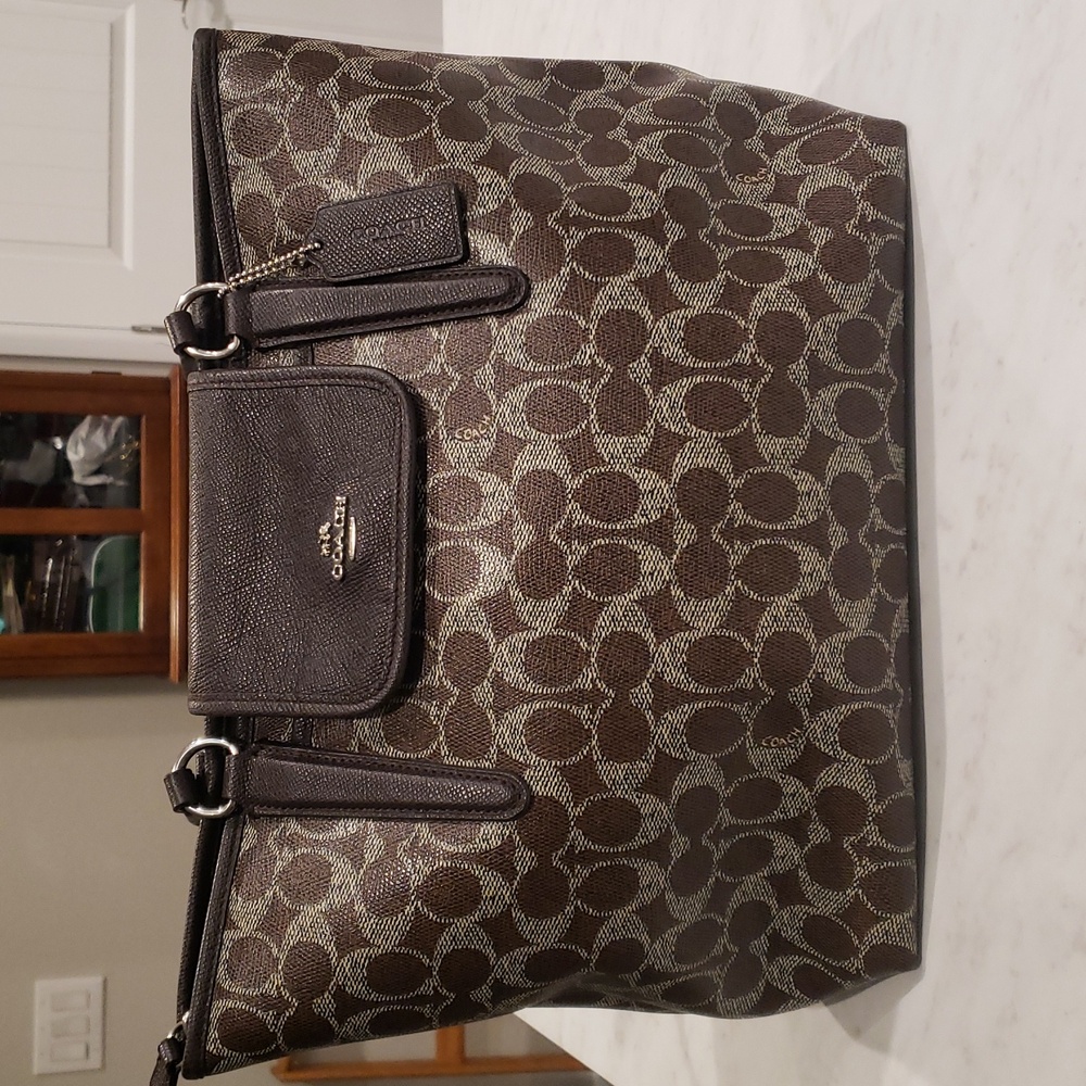 Coach Brown Signature Canvas Tote with Dark Brown Leather Trim  Beautiful Bag